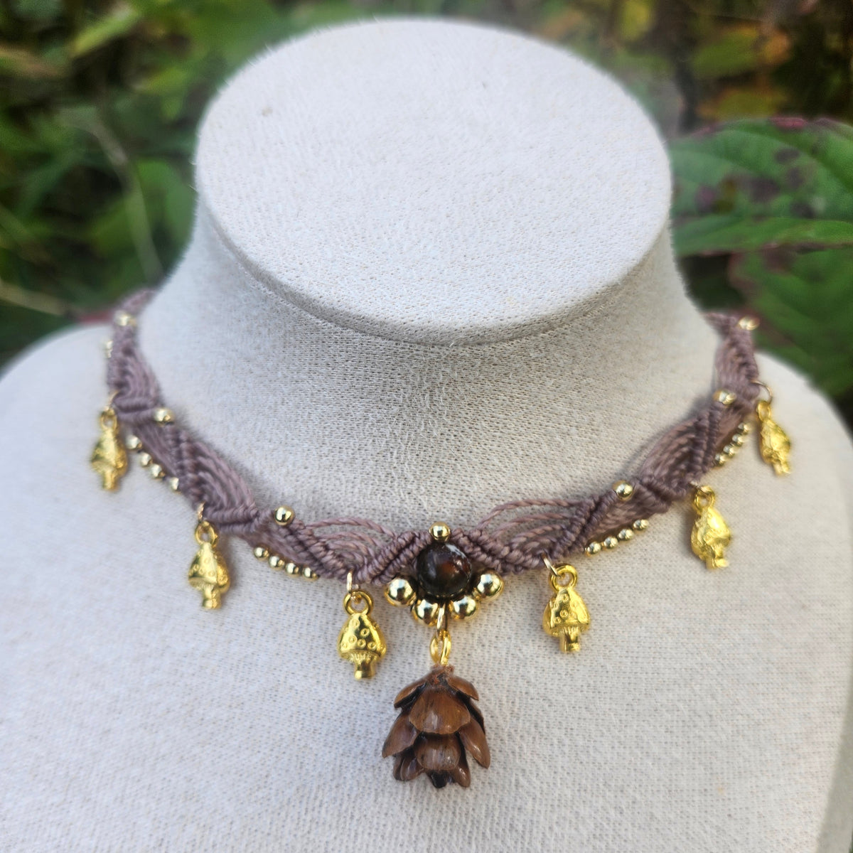 Collier ras-de cou macramé, abondance automnale, Bois de rose