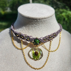 Collier ras-de-cou macramé, coccinelle porte-bonheur