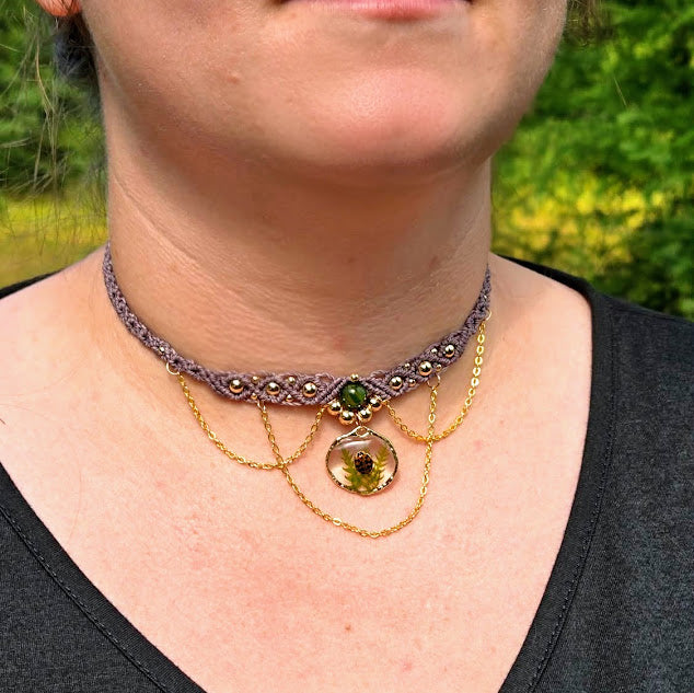 Collier ras-de-cou macramé, coccinelle porte-bonheur